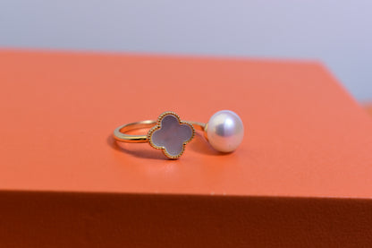 Natural pearl ring with lucky four petal flower design, white shell inlay, adjustable opening ring