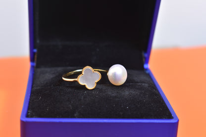 Natural pearl ring with lucky four petal flower design, white shell inlay, adjustable opening ring