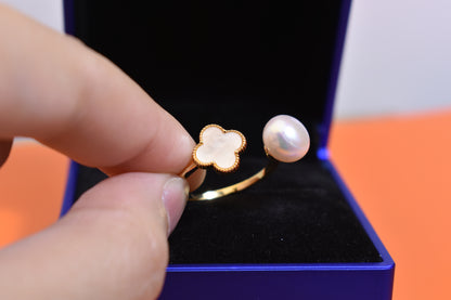 Natural pearl ring with lucky four petal flower design, white shell inlay, adjustable opening ring