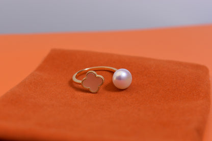 Natural pearl ring with lucky four petal flower design, white shell inlay, adjustable opening ring