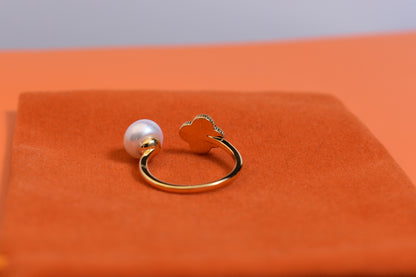 Natural pearl ring with lucky four petal flower design, white shell inlay, adjustable opening ring