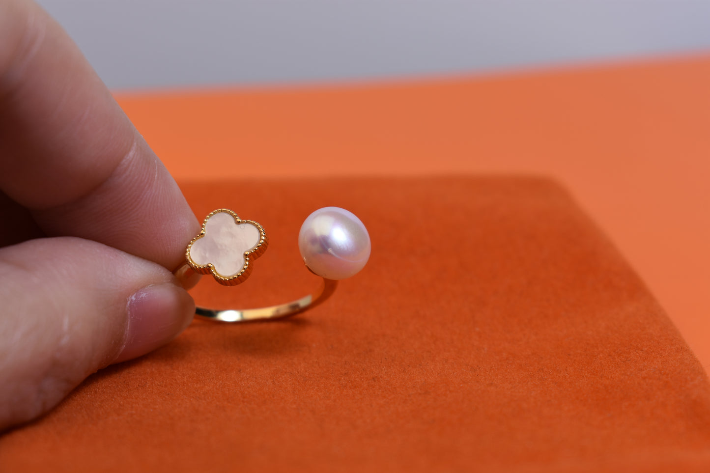 Natural pearl ring with lucky four petal flower design, white shell inlay, adjustable opening ring