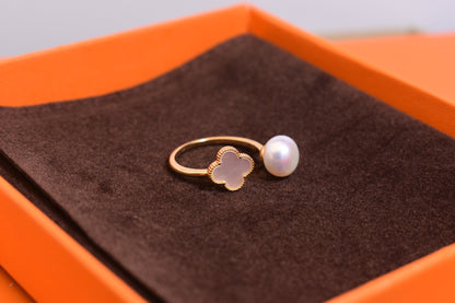 Natural pearl ring with lucky four petal flower design, white shell inlay, adjustable opening ring