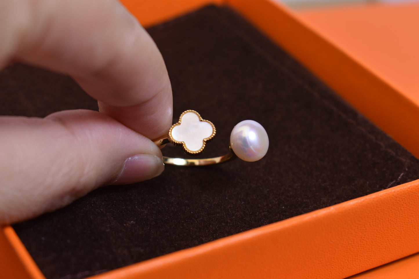 Natural pearl ring with lucky four petal flower design, white shell inlay, adjustable opening ring