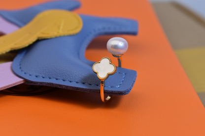 Natural pearl ring with lucky four petal flower design, white shell inlay, adjustable opening ring
