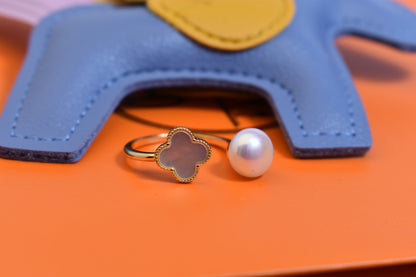 Natural pearl ring with lucky four petal flower design, white shell inlay, adjustable opening ring