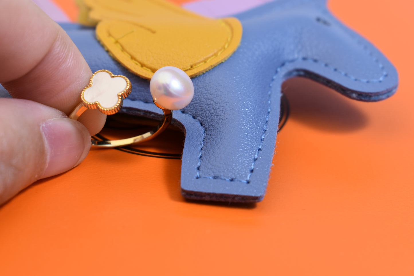 Natural pearl ring with lucky four petal flower design, white shell inlay, adjustable opening ring