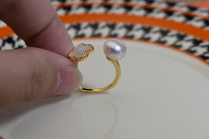Natural pearl ring with lucky four petal flower design, white shell inlay, adjustable opening ring