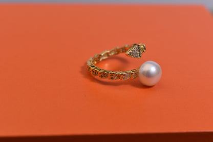 Natural pearl ring inlaid with zircon snake shaped opening adjustable ring