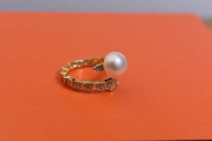 Natural pearl ring inlaid with zircon snake shaped opening adjustable ring